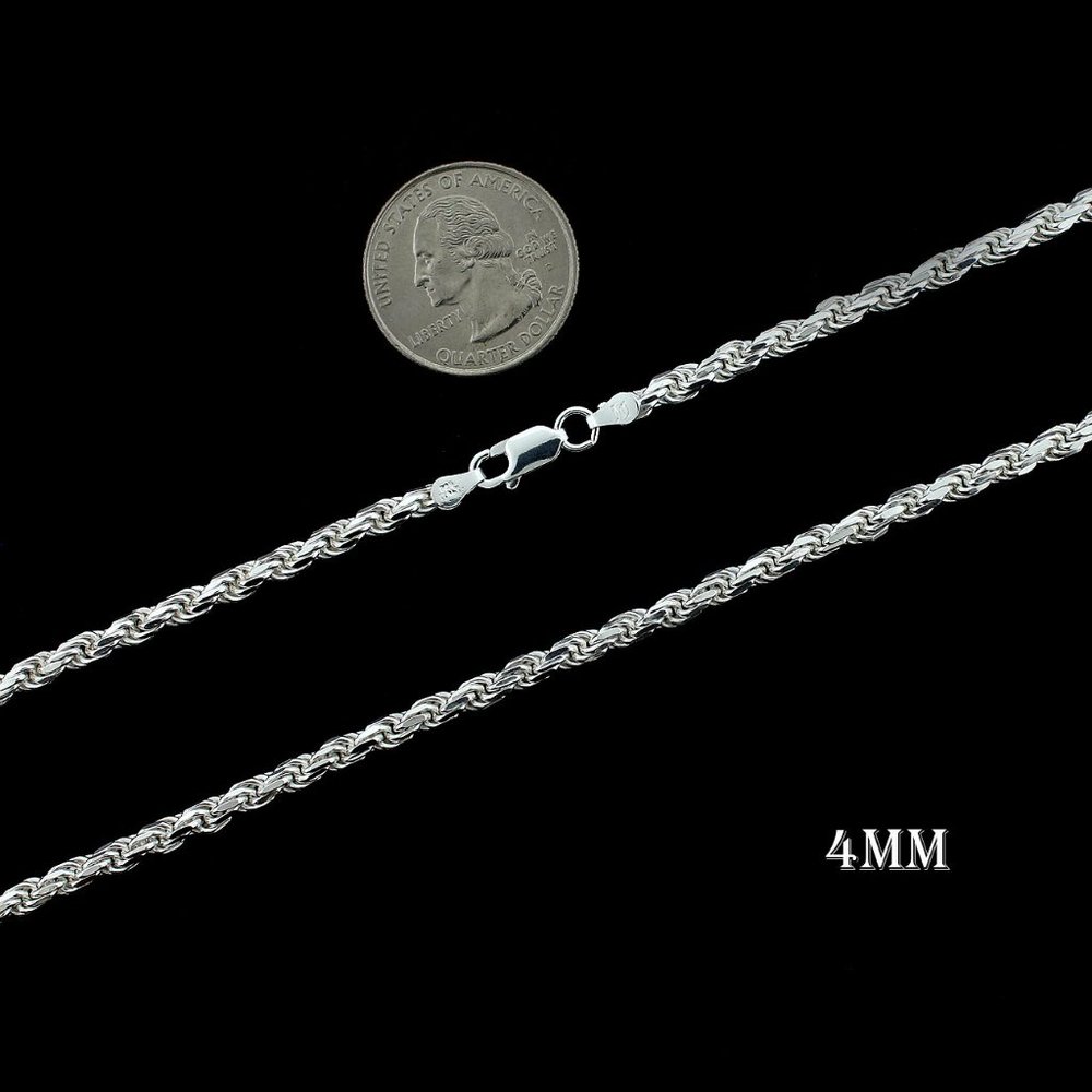 Real SOLID 925 Sterling Silver 4mm 22" Diamond Cut Rope Chain Necklace - Picture 2 of 6
